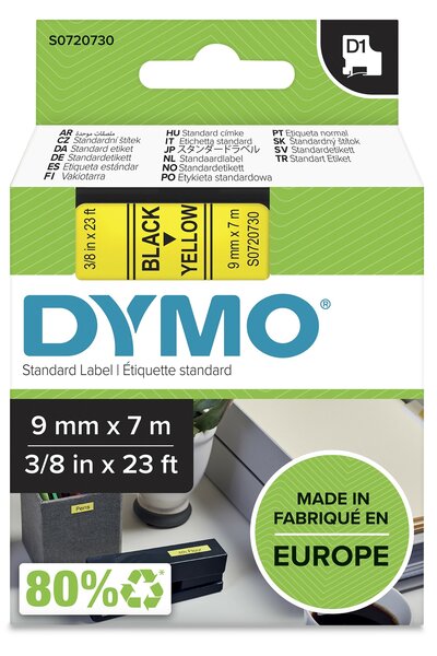 Dymo D1 tape S0720730 zwart op geel 9mm