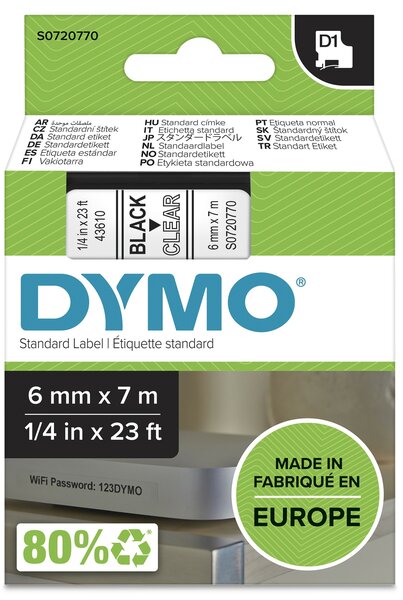 Dymo D1 tape S0720770 zwart op transparant 6mm