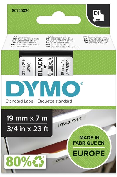 Dymo D1 tape S0720820 zwart op transparant 19mm