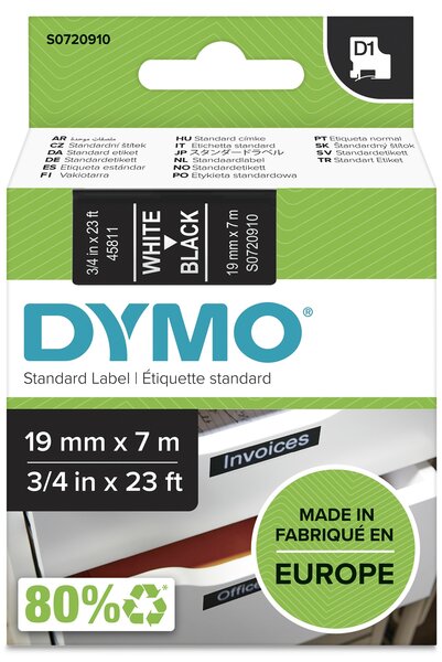 Dymo D1 tape S0720910 wit op zwart 19mm
