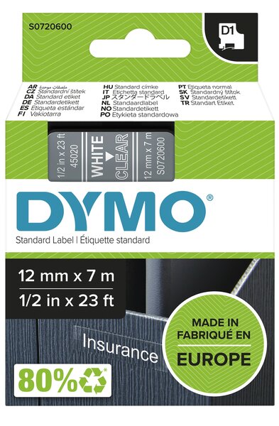 Dymo D1 tape S0720600 wit op transparant 12mm
