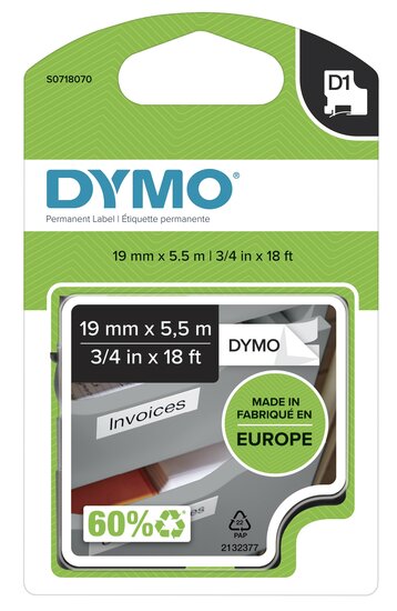 Dymo D1 zwart op wit polyester 19mm 16960
