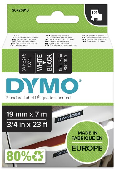 Dymo D1 tape S0720910 wit op zwart 19mm