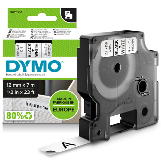 Dymo D1 tape S0720530 zwart op wit 12mm