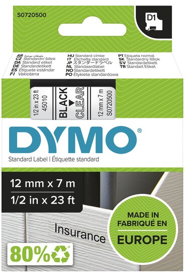 Dymo D1 tape S0720500 zwart op transparant 12mm